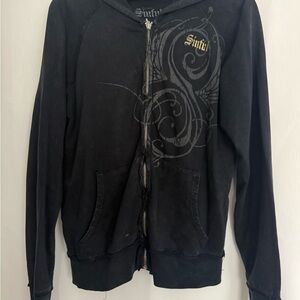 Black Zip-Up Hoodie with Graphic Design